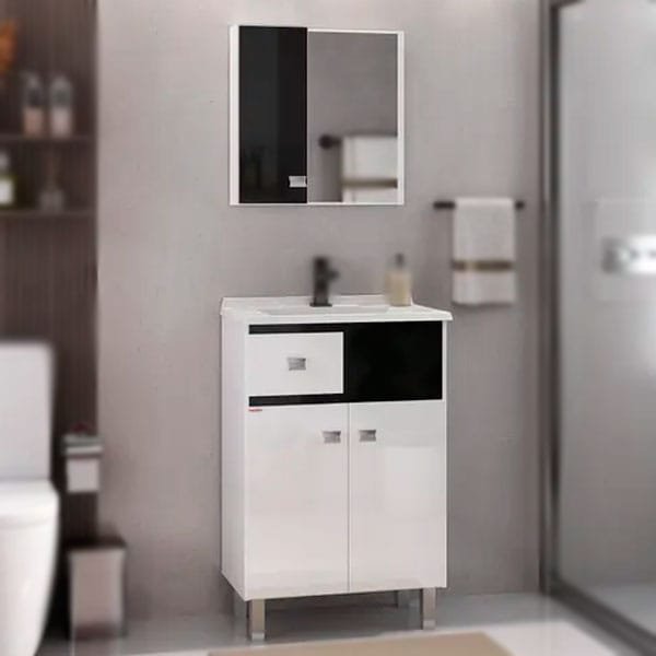 Armário de Banheiro com Espelheira Fabribam 60cm com Pés Preto/Branco — Gabinetes e Cubas